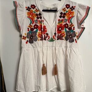 JODIFL White and Orange Flutter Sleeve Blouse with Ruffled Tie Front